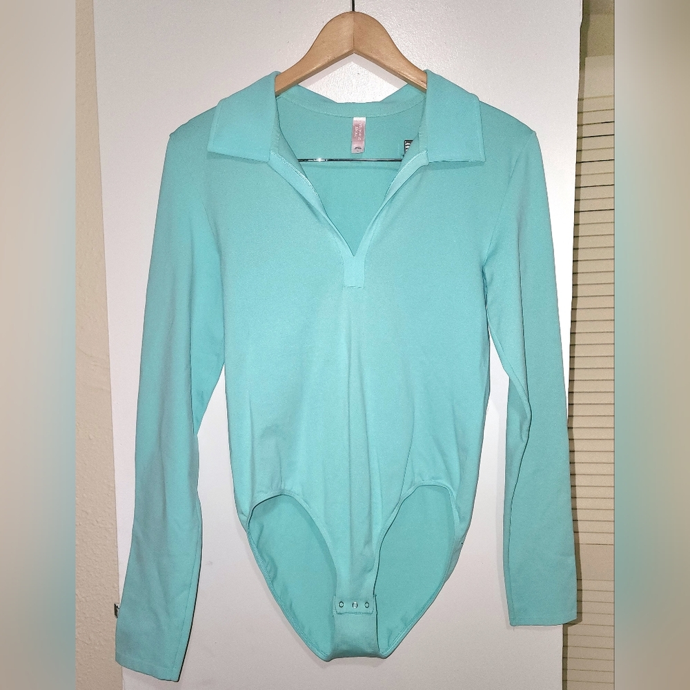 Victoria's Secret Teal GreenLong Sleeve Collared V Neck Body Suit Snap In Middle